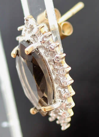 VINTAGE MARQUISE CUT SMOKY QUARTZ 9CT GOLD STUD EARRINGS WITH DIAMOND ACCENTS. 375