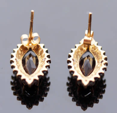 VINTAGE MARQUISE CUT SMOKY QUARTZ 9CT GOLD STUD EARRINGS WITH DIAMOND ACCENTS. 375