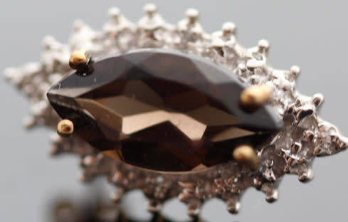 VINTAGE MARQUISE CUT SMOKY QUARTZ 9CT GOLD STUD EARRINGS WITH DIAMOND ACCENTS. 375