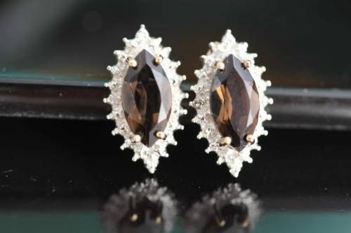 VINTAGE MARQUISE CUT SMOKY QUARTZ 9CT GOLD STUD EARRINGS WITH DIAMOND ACCENTS. 375