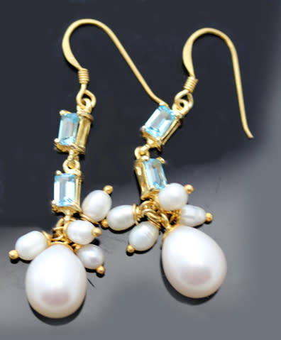 SKY BLUE TOPAZ AND NATURAL PEARL GOLD-HUED STERLING SILVER DROP&DANGLE EARRINGS. 925