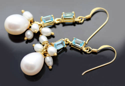 SKY BLUE TOPAZ AND NATURAL PEARL GOLD-HUED STERLING SILVER DROP&DANGLE EARRINGS. 925
