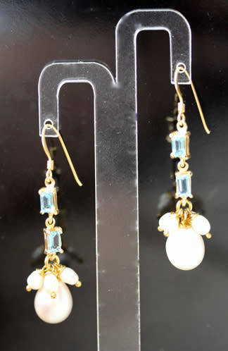 SKY BLUE TOPAZ AND NATURAL PEARL GOLD-HUED STERLING SILVER DROP&DANGLE EARRINGS. 925