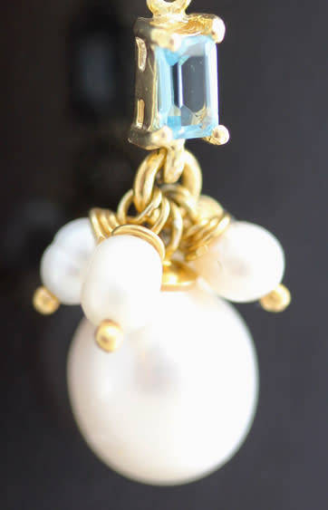 SKY BLUE TOPAZ AND NATURAL PEARL GOLD-HUED STERLING SILVER DROP&DANGLE EARRINGS. 925