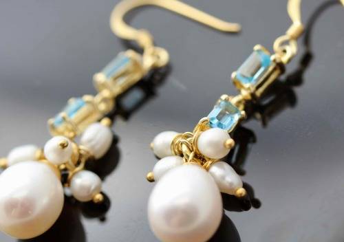 SKY BLUE TOPAZ AND NATURAL PEARL GOLD-HUED STERLING SILVER DROP&DANGLE EARRINGS. 925