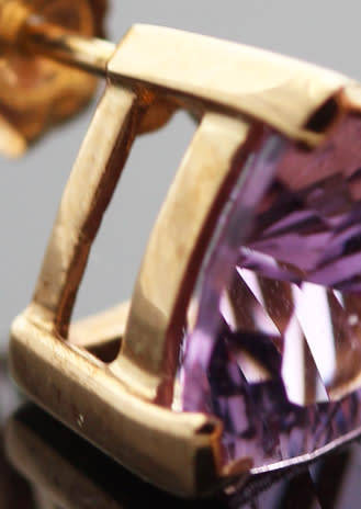 STUNNING VINTAGE ENGLISH TRILLION-CUT AMETHYST 9CT YELLOW GOLD STUD EARRINGS AMAZING CUT AND CLARITY