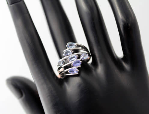 PRETTY MULTI-STRAND SOLID STERLING SILVER TANZANITE CROSSOVER RING. 925. CREATIVE OPENWORK DESIGN!