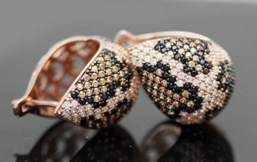HEAVY BLACK, CREAM, TAN AAA QUALITY CUBIC ZIRCONIA ANIMAL PRINT ROSE GOLD HUE STERLING EARRINGS