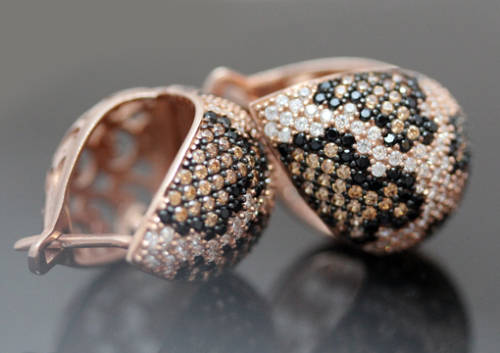 HEAVY BLACK, CREAM, TAN AAA QUALITY CUBIC ZIRCONIA ANIMAL PRINT ROSE GOLD HUE STERLING EARRINGS