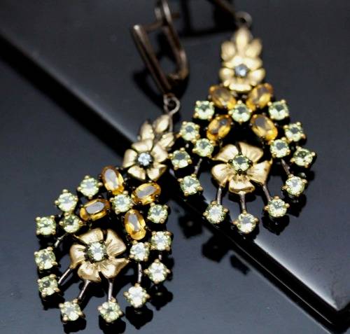 DRAMATIC LARGE CITRINE and PERIDOT CHOCOLATE & GOLD HUED STERLING SILVER EARRINGS