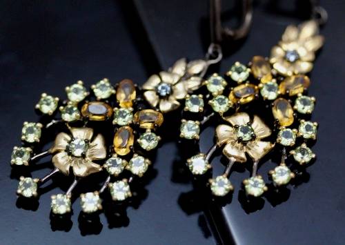 DRAMATIC LARGE CITRINE and PERIDOT CHOCOLATE & GOLD HUED STERLING SILVER EARRINGS