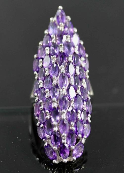LARGE REAL AMETHYST GEMSTONE STERLING SILVER RING INTENSE DEEP COLOUR. SERIOUSLY LONG! 50 mm  11,27g