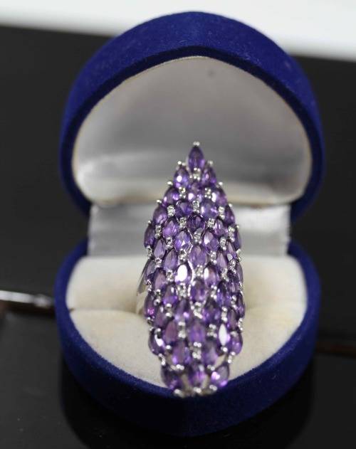 LARGE REAL AMETHYST GEMSTONE STERLING SILVER RING INTENSE DEEP COLOUR. SERIOUSLY LONG! 50 mm  11,27g