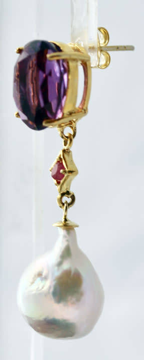 AMETHYST RUBY AND FRESHWATER PEARL GOLD-HUED STERLING SILVER EARRINGS. HEAVY DROP & DANGLE 15 grams