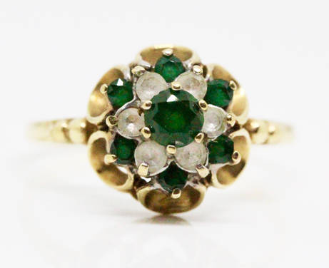 ORNATE VINTAGE EMERALD AND WHITE SPINEL 9CT YELLOW GOLD RING. *JEWELLER'S EVALUATION R16'800*