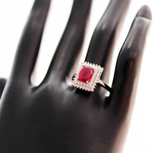 RASPBERRY RUBY AND STERLING SILVER GEOMETRIC DESIGN RING. LARGE!