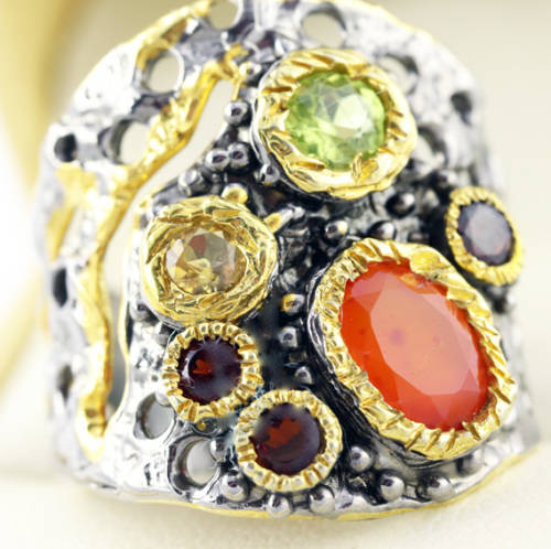 HANDMADE `JEWELLERY ART` NATURAL CARNELIAN, PERIDOT, CITRINE, GARNET GEMSTONE STERLING SILVER RING