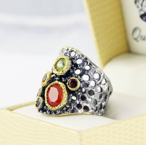 HANDMADE `JEWELLERY ART` NATURAL CARNELIAN, PERIDOT, CITRINE, GARNET GEMSTONE STERLING SILVER RING