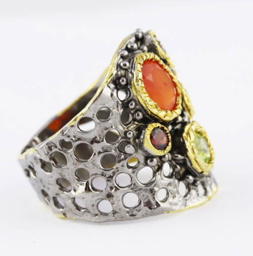 HANDMADE `JEWELLERY ART` NATURAL CARNELIAN, PERIDOT, CITRINE, GARNET GEMSTONE STERLING SILVER RING