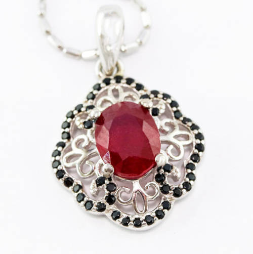 ELEGANT, REAL RUBY and BLACK SPINEL GEMSTONE FILIGREÉ STERLING SILVER PENDANT ON FACETED 40mm CHAIN