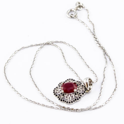 ELEGANT, REAL RUBY and BLACK SPINEL GEMSTONE FILIGREÉ STERLING SILVER PENDANT ON FACETED 40mm CHAIN