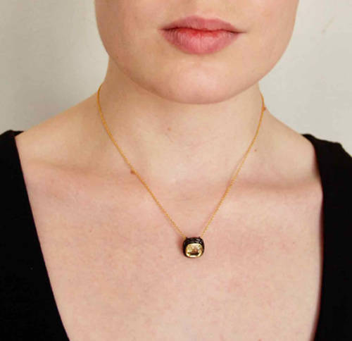 HANDCRAFTED CITRINE BLACK RHODIUM-PLATED SOLID STERLING SILVER PENDANT ON GOLD-HUED STERLING CHAIN