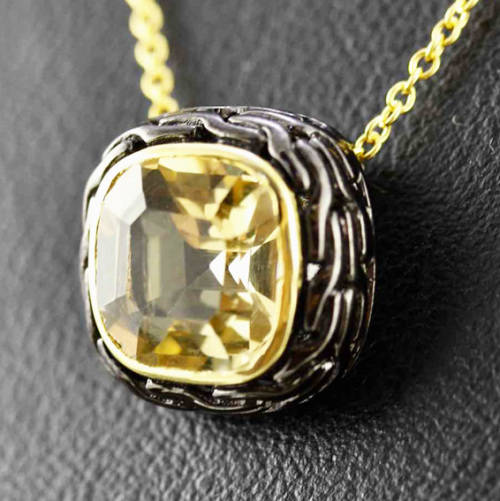 HANDCRAFTED CITRINE BLACK RHODIUM-PLATED SOLID STERLING SILVER PENDANT ON GOLD-HUED STERLING CHAIN