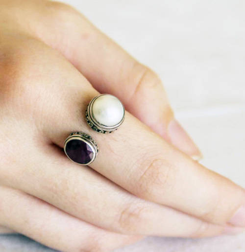 UNUSUAL HANDCRAFTED RUBY AND NATURAL PEARL SOLID STERLING SILVER RING