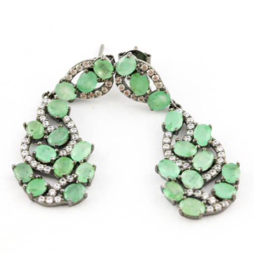 GORGEOUS NATURAL EMERALD GEMSTONE SOLID STERLING SILVER DROP and DANGLE EARRINGS. 925