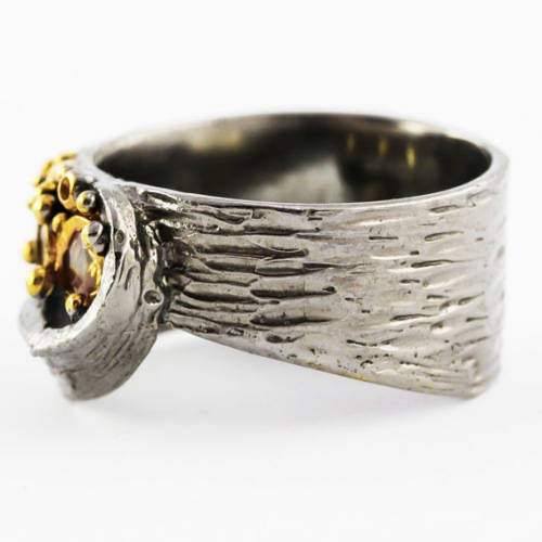 REAL SONGEA SAPPHIRES/ STRIKING HANDCRAFTED ORGANIC DESIGN RING GUNMETAL-HUED STERLING SILVER