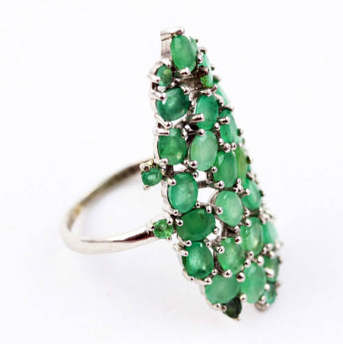 LARGE, LONG, UNHEATED NATURAL GREEN EMERALD SOLID STERLING SILVER RING