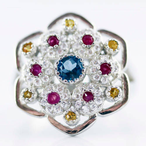 LONDON BLUE TOPAZ, NATURAL SONGEA SAPPHIRES and RUBY STERLING SILVER RING `TUDOR ROSE` DESIGN