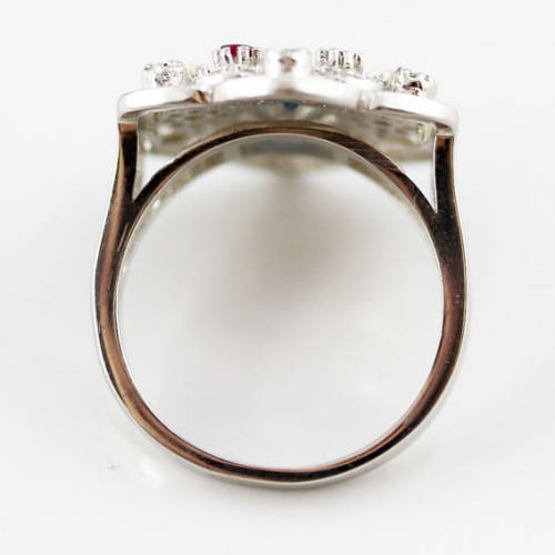 LONDON BLUE TOPAZ, NATURAL SONGEA SAPPHIRES and RUBY STERLING SILVER RING `TUDOR ROSE` DESIGN