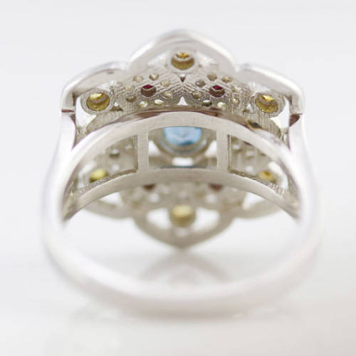 LONDON BLUE TOPAZ, NATURAL SONGEA SAPPHIRES and RUBY STERLING SILVER RING `TUDOR ROSE` DESIGN