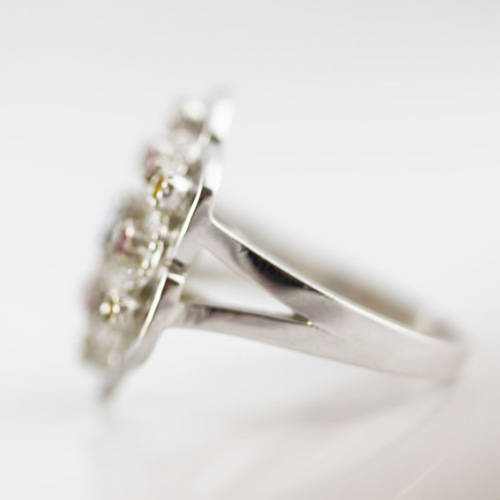 LONDON BLUE TOPAZ, NATURAL SONGEA SAPPHIRES and RUBY STERLING SILVER RING `TUDOR ROSE` DESIGN