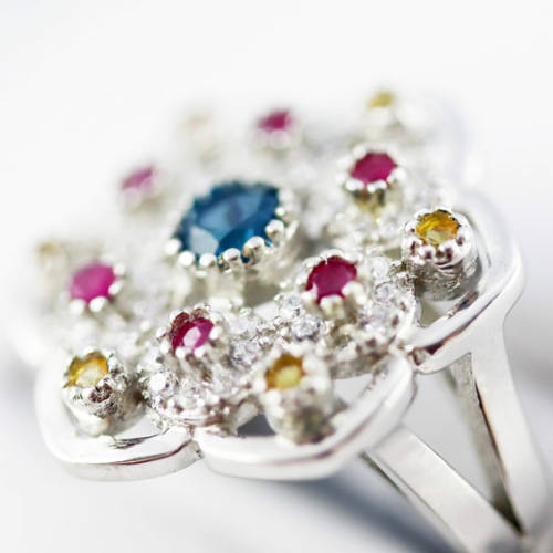 LONDON BLUE TOPAZ, NATURAL SONGEA SAPPHIRES and RUBY STERLING SILVER RING `TUDOR ROSE` DESIGN