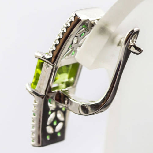 GORGEOUS OCTAGON PERIDOT, MARCASITE AND CHROME DIOPSIDE STERLING SILVER EARRINGS. 925. UNHEATED GEMS