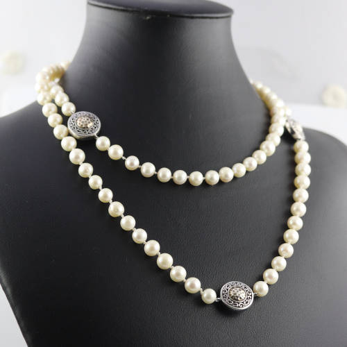 doubleW EXQUISITE HAND-KNOTTED NATURAL PEARL 82cm NECKLACE. HANDCRAFTED STERLING SILVER BEAD DETAIL