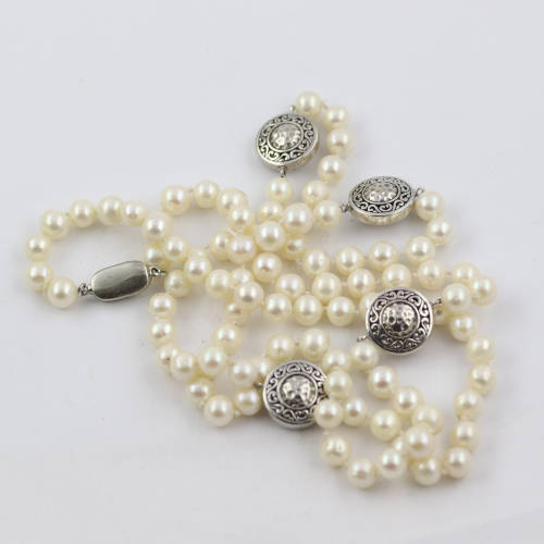 doubleW EXQUISITE HAND-KNOTTED NATURAL PEARL 82cm NECKLACE. HANDCRAFTED STERLING SILVER BEAD DETAIL