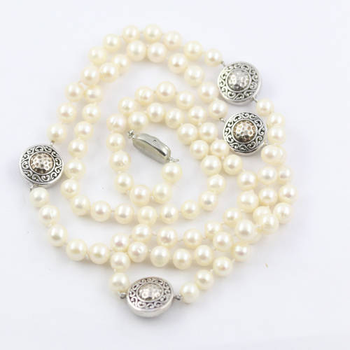 doubleW EXQUISITE HAND-KNOTTED NATURAL PEARL 82cm NECKLACE. HANDCRAFTED STERLING SILVER BEAD DETAIL