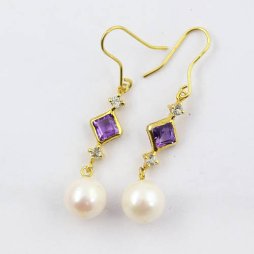 GORGEOUS LONG AQUAMARINE, AMETHYST AND BAROQUE PEARL GILDED STERLING SILVER DROP and DANGLE EARRINGS