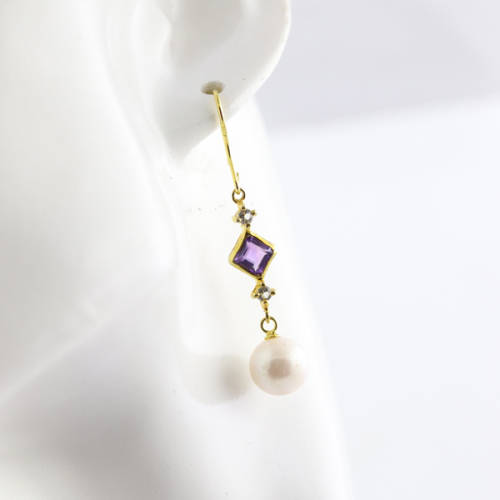 GORGEOUS LONG AQUAMARINE, AMETHYST AND BAROQUE PEARL GILDED STERLING SILVER DROP and DANGLE EARRINGS