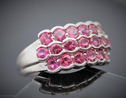 STUNNING LARGE PINK TOURMALINE CLUSTER 9ct WHITE GOLD RING. UK BIRMINGHAM ASSAY! 5g