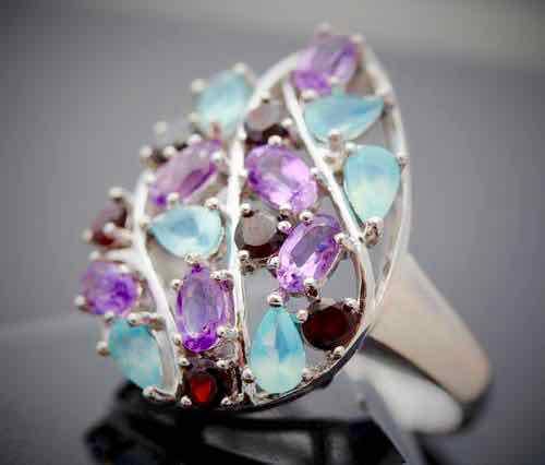 LARGE AMETHYST, GARNET, CHALCEDONY CLUSTER RING. NATURAL MINED! STERLING SILVER 925 STUNNING!!