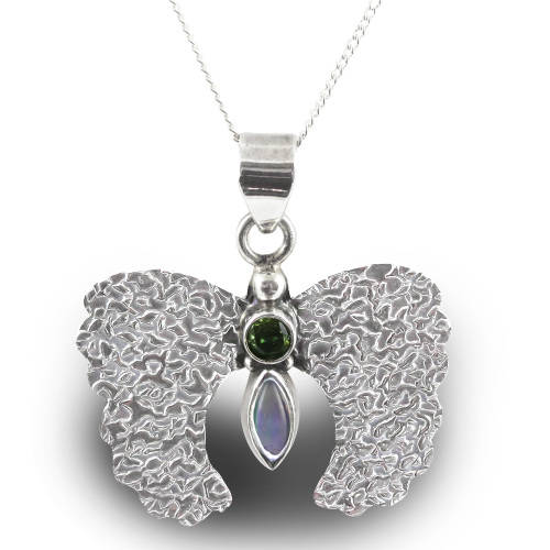 STYLIZED ANGEL PENDANT IN STERLING SILVER WITH NATURAL PERIDOT and FIRE OPAL GEMSTONES 42CM CHAIN