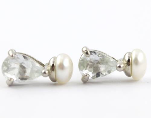 UNHEATED AQUAMARINE GEMSTONE AND NATURAL PEARL STERLING SILVER STUD EARRINGS