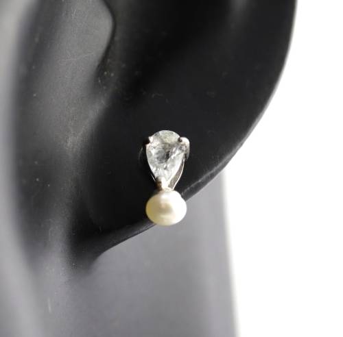 UNHEATED AQUAMARINE GEMSTONE AND NATURAL PEARL STERLING SILVER STUD EARRINGS