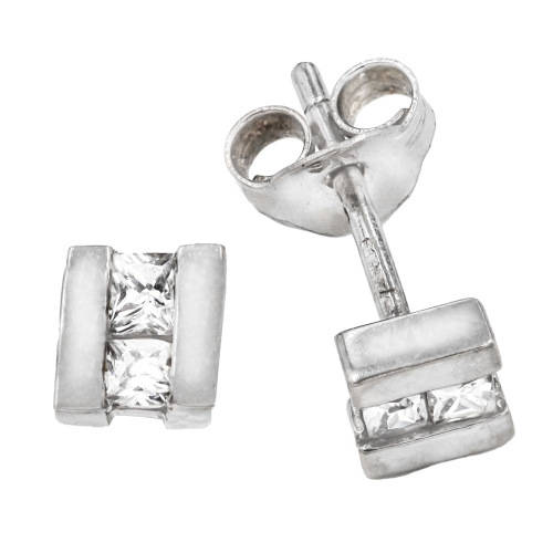 9ct WHITE GOLD ENGLISH STUD EARRINGS WITH CUBIC ZIRCONIA