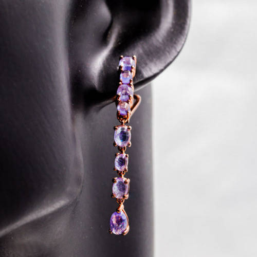 STRIKING TANZANITE AND ROSE GOLD-GILDED STERLING SILVER DROP AND DANGLE EARRINGS. 925