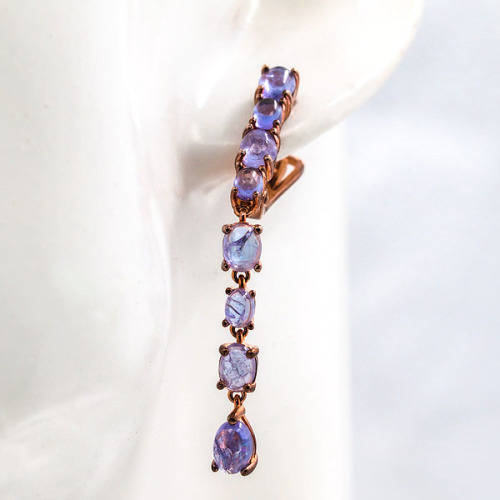 STRIKING TANZANITE AND ROSE GOLD-GILDED STERLING SILVER DROP AND DANGLE EARRINGS. 925